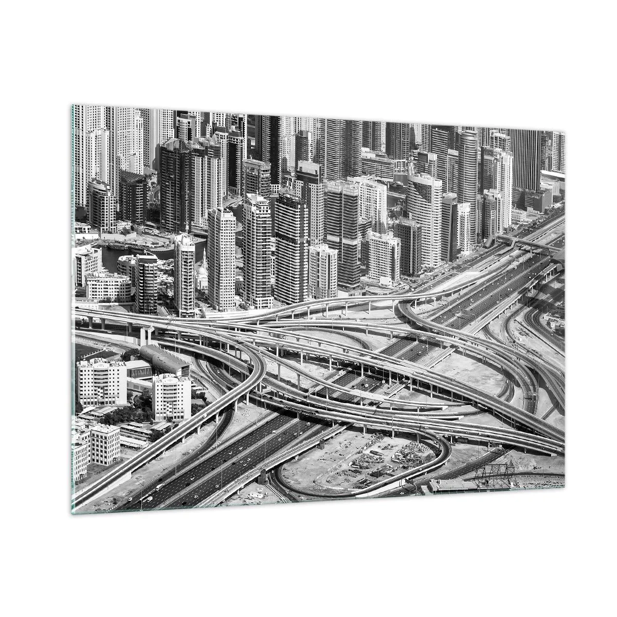 Quadro su vetro - Panorama in bianco e nero della città con uno svincolo autostradale - 100x70cm - Dubai - città impossibile - Decorazione murale moderna per soggiorno e camera da letto ARTTOR