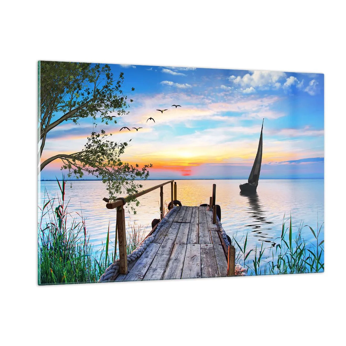 Quadro su vetro - Un molo sul lago al tramonto con una barca a vela sullo sfondo - 120x80cm - Buona sera - Decorazione murale moderna per soggiorno e camera da letto ARTTOR