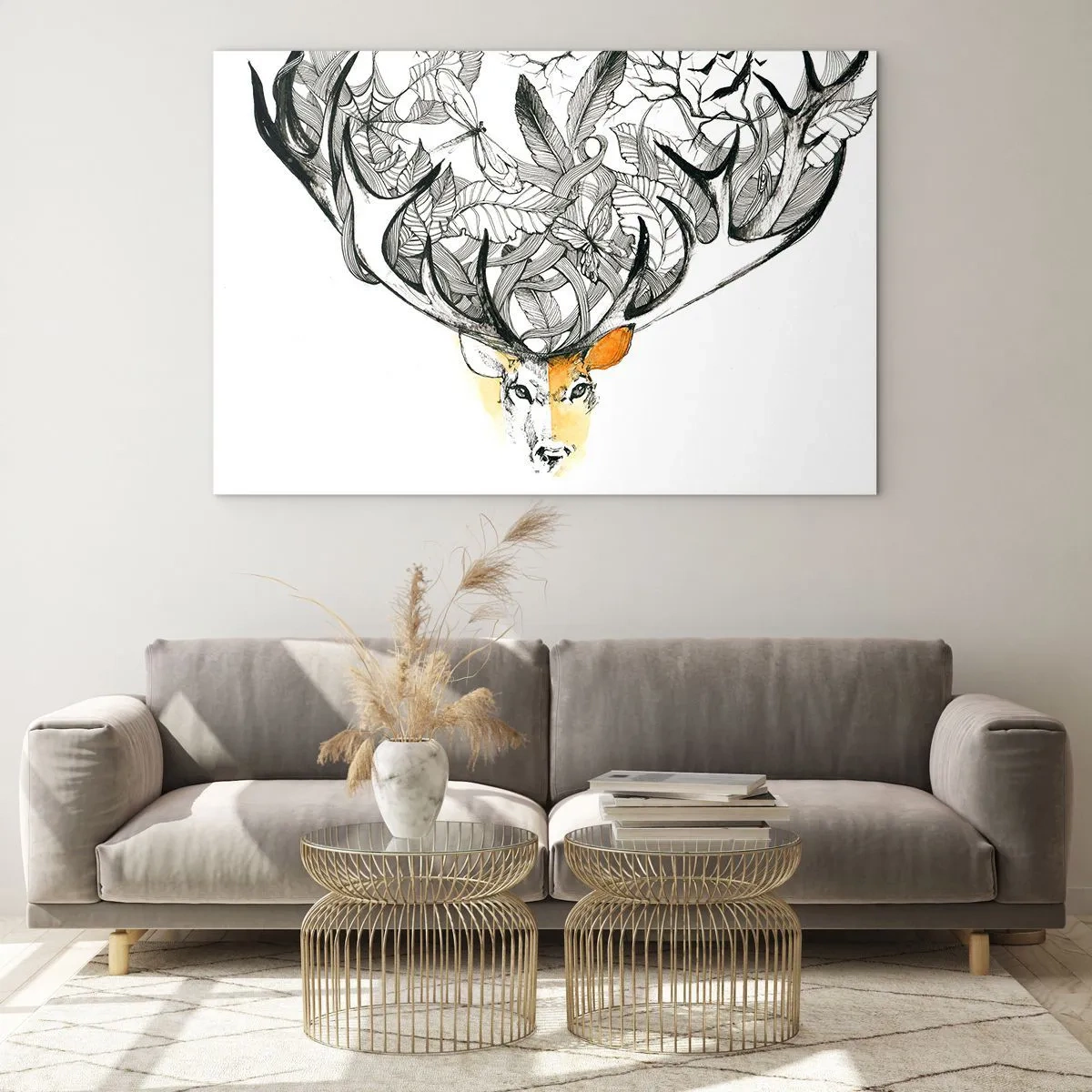Quadro su vetro - Disegno di un cervo con corna fantasiose - 100x70cm - I corni dell'abbondanza - Decorazione murale moderna per soggiorno e camera da letto ARTTOR