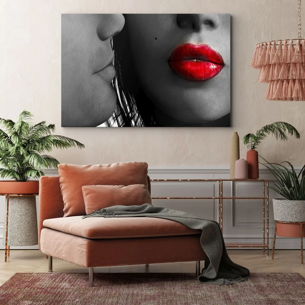 Quadro su tela - Stampe su Tela - Primo piano dei volti di una donna e di un uomo con le labbra rosse. - 70x50cm - Volto accanto al volto  - Decorazione murale moderna per soggiorno e camera da letto ARTTOR