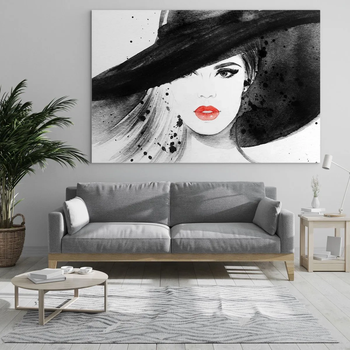 Quadro su vetro - Ritratto di una donna con un cappello nero e labbra rosse - 70x50cm - Donna in nero - Decorazione murale moderna per soggiorno e camera da letto ARTTOR