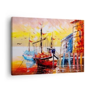 Quadro su tela - Stampe su Tela - Pittoresco porto al tramonto con barche da pesca - 70x50cm - Ritorno felice - Decorazione murale moderna per soggiorno e camera da letto ARTTOR