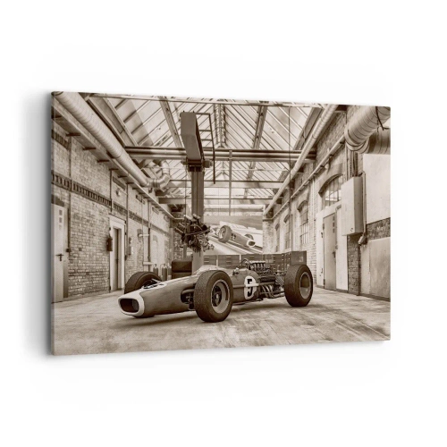Quadro su tela - Stampe su Tela - Auto da corsa in bianco e nero in un interno industriale - 120x80cm - Il riposo del vincitore - Decorazione murale moderna per soggiorno e camera da letto ARTTOR