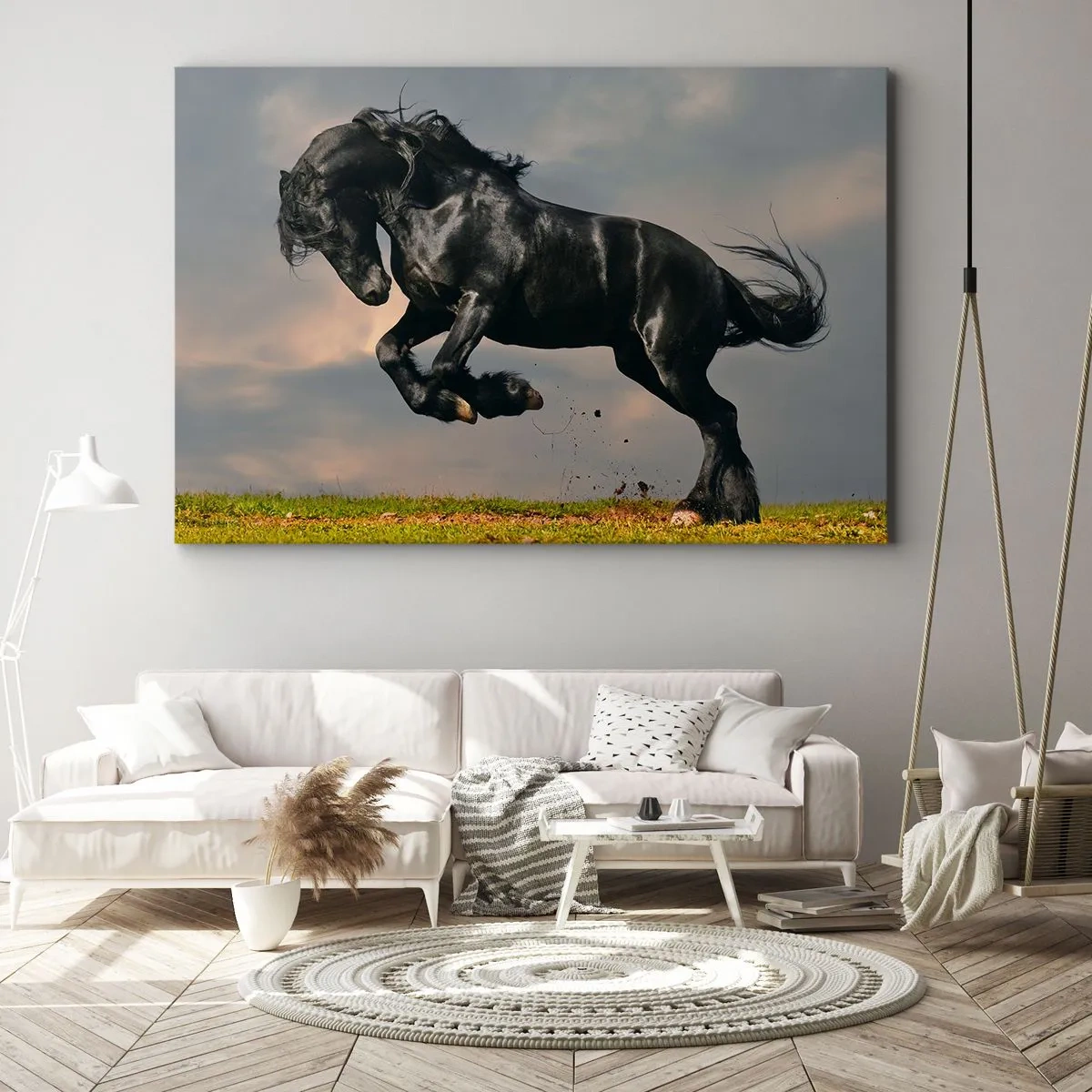 Quadro su tela - Stampe su Tela - Un cavallo oscuro in un salto dinamico contro il cielo - 70x50cm - Libero e bello - Decorazione murale moderna per soggiorno e camera da letto ARTTOR