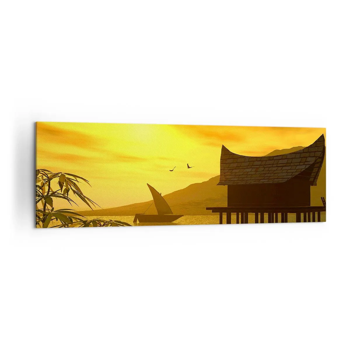 Quadro su tela - Stampe su Tela - Tramonto tropicale sull'acqua con casa in legno su palafitte. - 160x50cm - Calma desiderata - Decorazione murale moderna per soggiorno e camera da letto ARTTOR