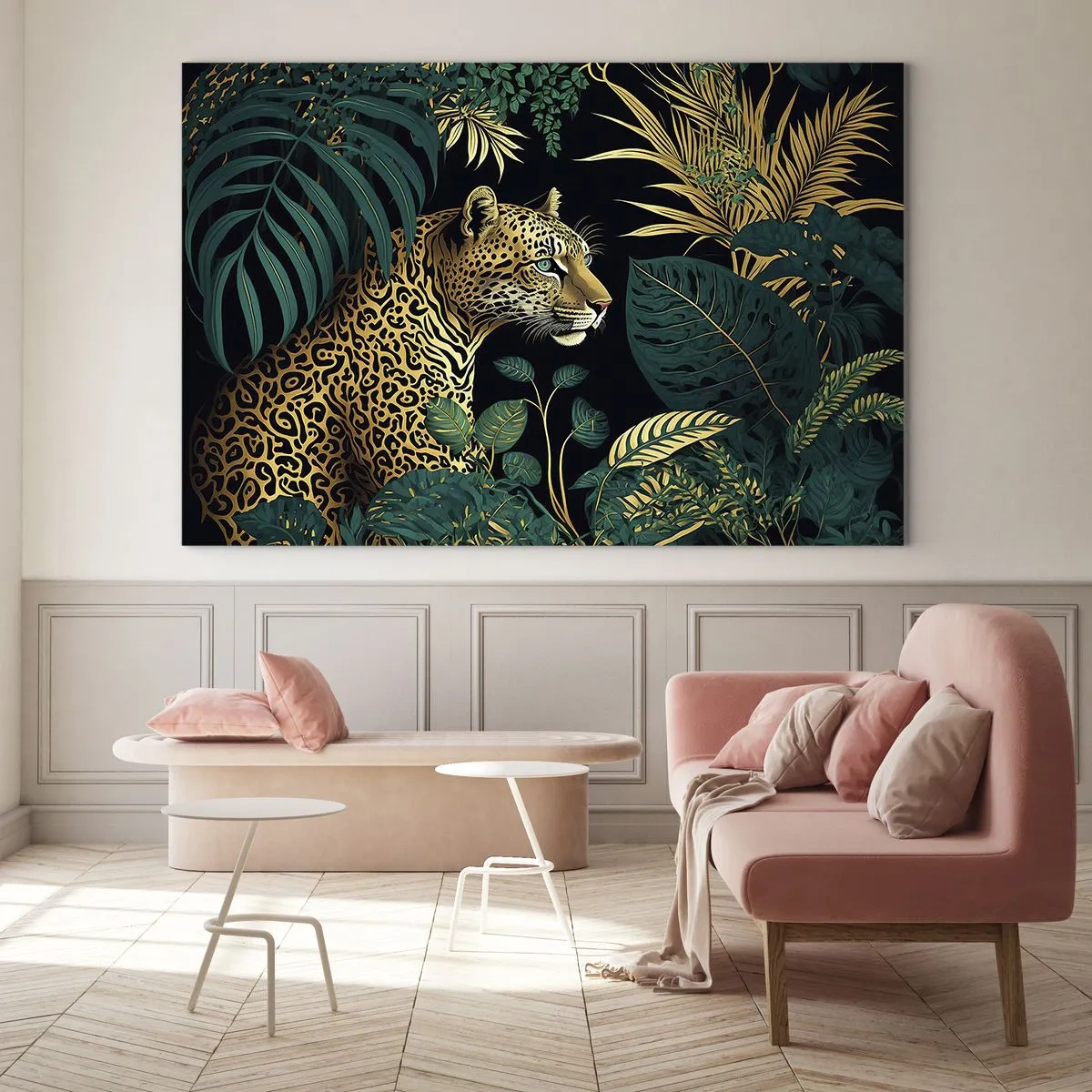 Quadro su vetro - Un leopardo tra foglie tropicali su uno sfondo scuro - 70x50cm - Il signore della giungla - Decorazione murale moderna per soggiorno e camera da letto ARTTOR