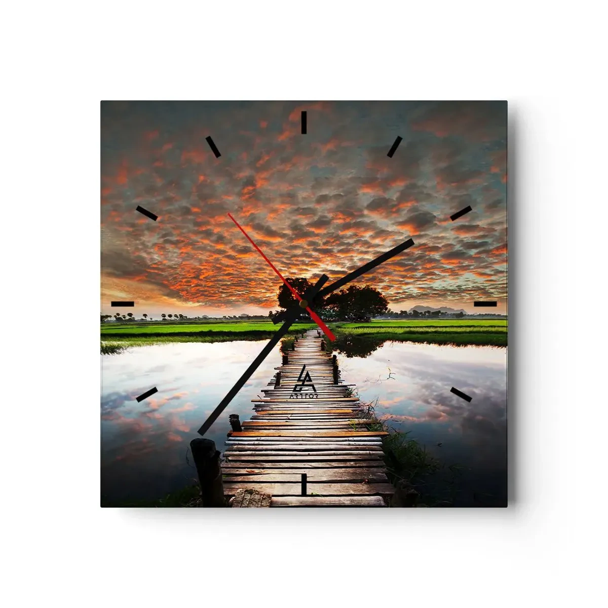 Orologio da parete - Orologio in Vetro - Ponte di legno sull'acqua al tramonto - 30x30cm - Allarga le braccia, respira  - Decorazione murale moderna per soggiorno e camera da letto ARTTOR