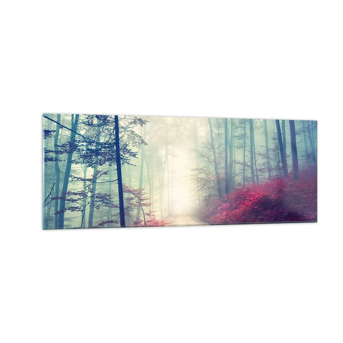 Quadro su vetro - Un magico sentiero nel bosco circondato da alberi e nebbia - 140x50cm - Come è bello alzarsi all'alba - Decorazione murale moderna per soggiorno e camera da letto ARTTOR
