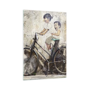 Quadro su vetro - Street art con una bicicletta e disegni di bambini sul muro - 70x100cm - Vero o falso? - Decorazione murale moderna per soggiorno e camera da letto ARTTOR