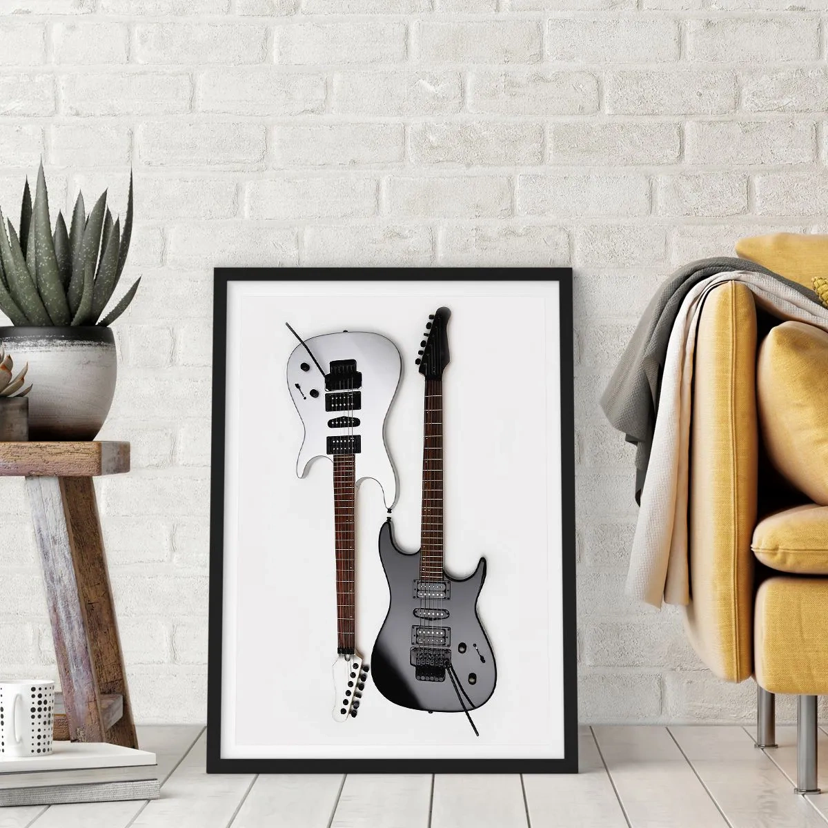 Poster in cornice nera - Chitarre elettriche moderne su sfondo bianco - 50x70cm - Armonia delle forme - Decorazione murale moderna per soggiorno e camera da letto ARTTOR
