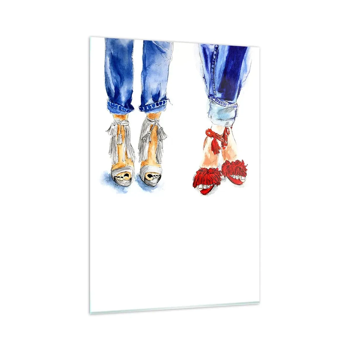Quadro su vetro - Illustrazione di due paia di scarpe con sandali eleganti e jeans - 80x120cm - Facciamo una passeggiata? - Decorazione murale moderna per soggiorno e camera da letto ARTTOR