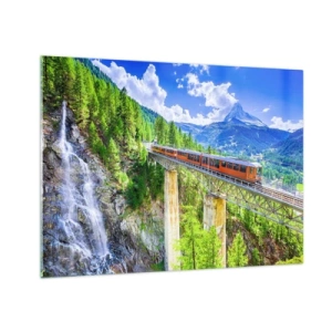 Quadro su vetro - Treno alpino su un ponte che domina una cascata - 70x50cm - Ferrovia alpina - Decorazione murale moderna per soggiorno e camera da letto ARTTOR
