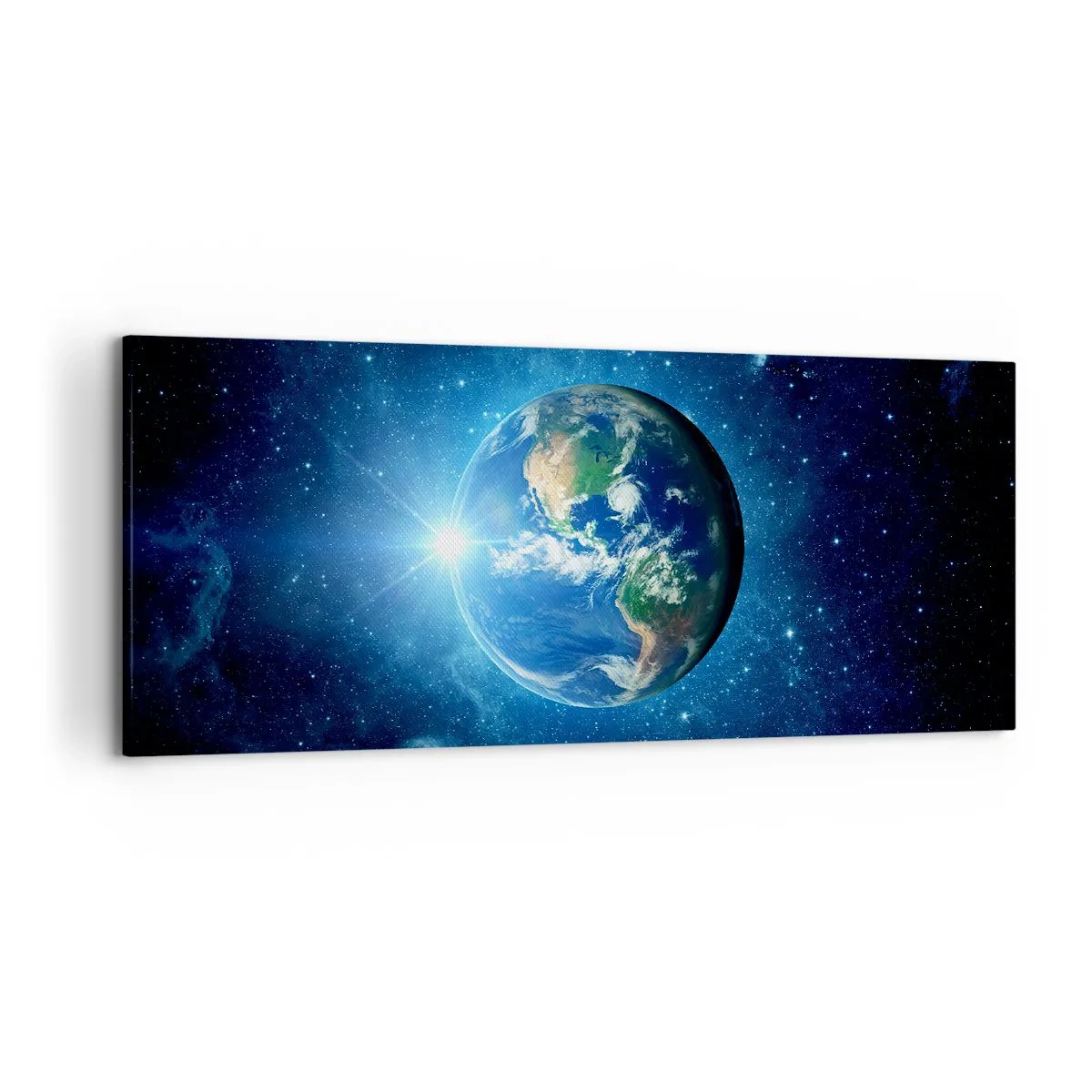 Quadro su tela - Stampe su Tela - La Terra nello spazio circondata da stelle e luce - 120x50cm - Siamo in cielo - Decorazione murale moderna per soggiorno e camera da letto ARTTOR