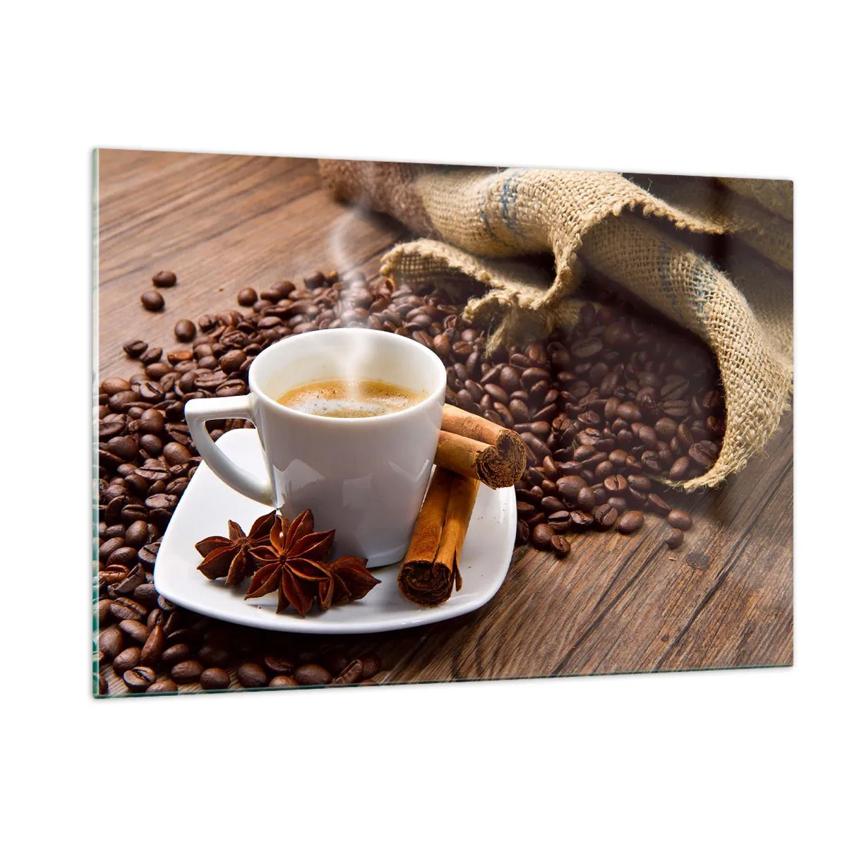 Quadro su vetro - Una tazza di caffè con cannella e chicchi di caffè su un tavolo di legno - 120x80cm - Sapore e profumo speziato - Decorazione murale moderna per soggiorno e camera da letto ARTTOR