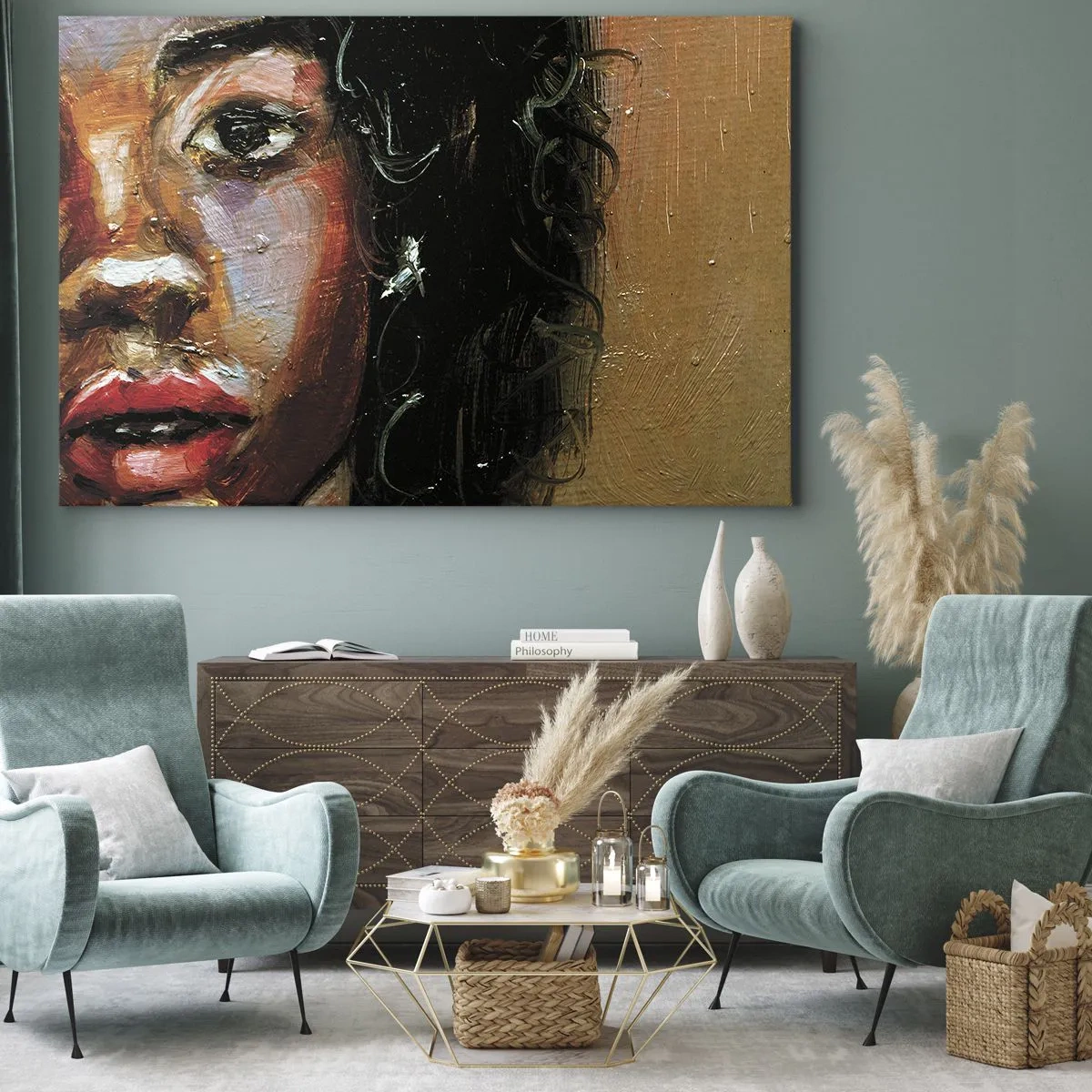 Quadro su tela - Stampe su Tela - Un ritratto espressivo di una donna dai colori intensi. - 70x50cm - Oscurità e luce - Decorazione murale moderna per soggiorno e camera da letto ARTTOR