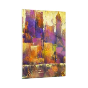 Quadro su vetro - Una metropoli astratta dai colori caldi con accenti di viola. - 50x70cm - Composizione metropolitana - Decorazione murale moderna per soggiorno e camera da letto ARTTOR