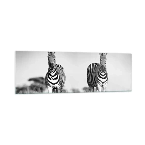 Quadro su vetro - Due zebre nella savana in stile monocromatico - 160x50cm - E tuttavia il mondo è bianco e nero - Decorazione murale moderna per soggiorno e camera da letto ARTTOR