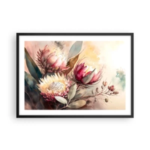 Poster in cornice nera - Fiori di protea in delicate tonalità pastello - 70x50cm - Di profilo e di fronte - Decorazione murale moderna per soggiorno e camera da letto ARTTOR