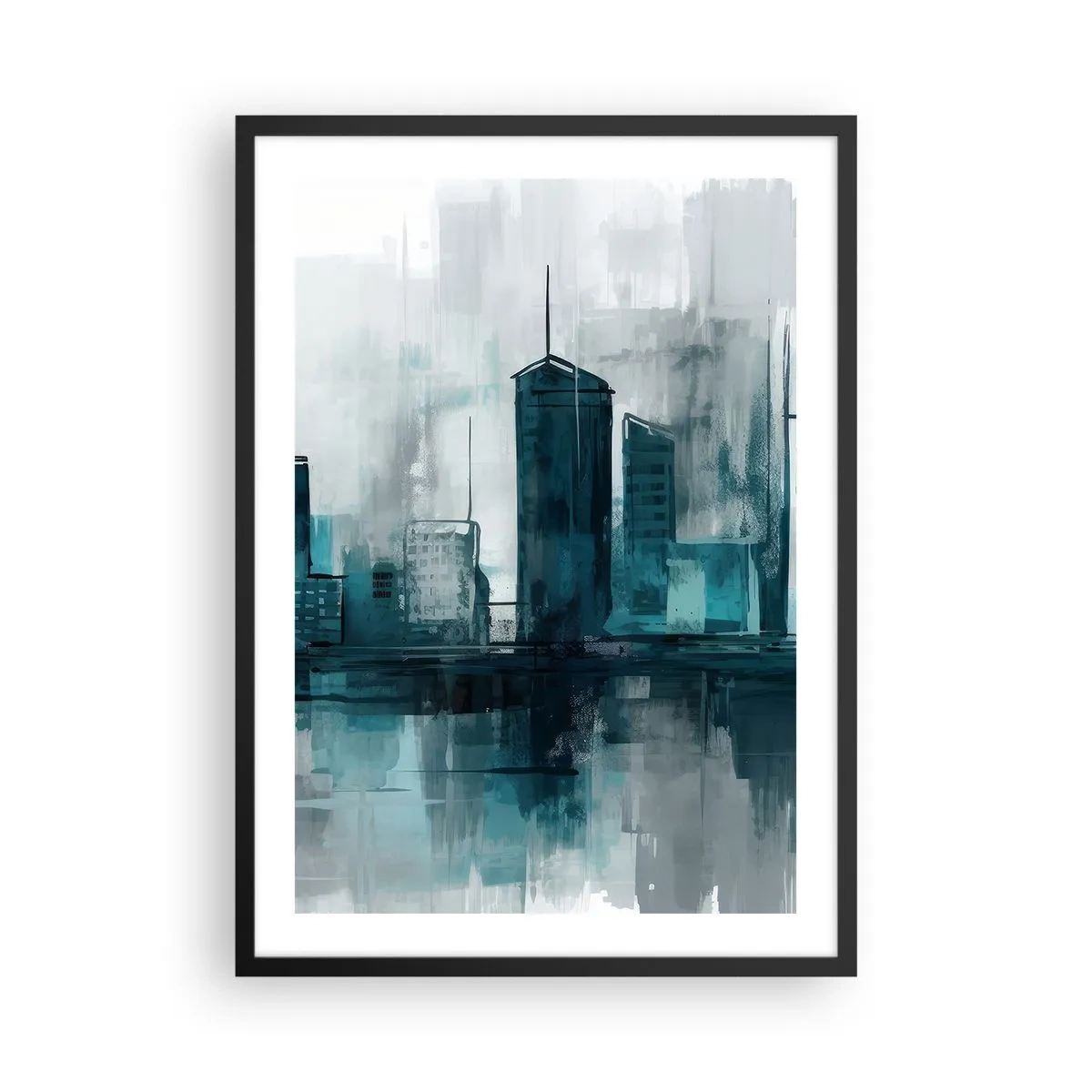 Poster in cornice nera - Un panorama urbano moderno nei toni del blu - 50x70cm - La città al colore della pioggia - Decorazione murale moderna per soggiorno e camera da letto ARTTOR