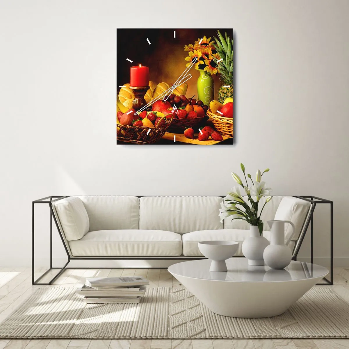 Orologio da parete - Orologio in Vetro - Natura morta con frutta, pane, candela e fiori - 30x30cm - Natura morta con pane e frutta - Decorazione murale moderna per soggiorno e camera da letto ARTTOR