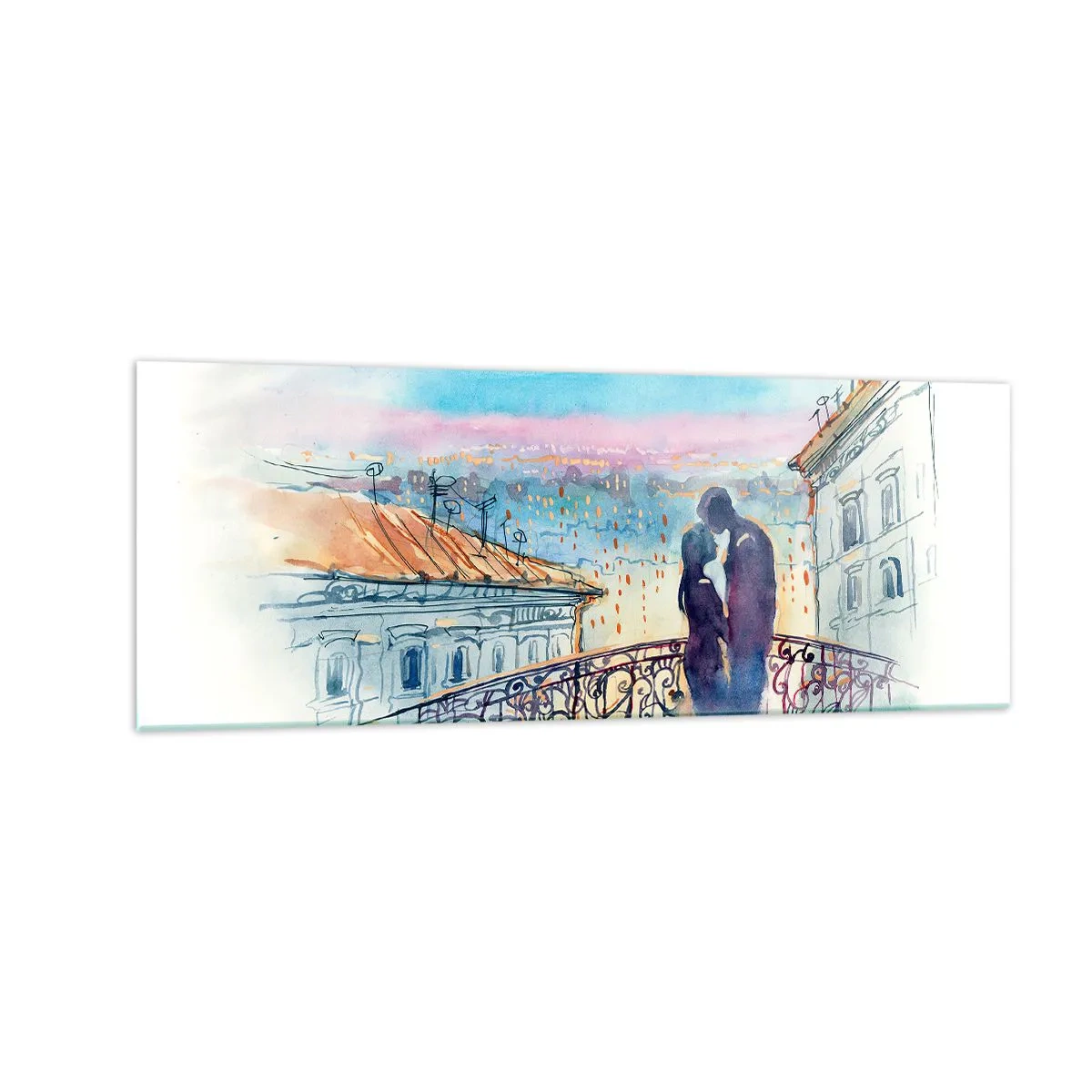 Quadro su vetro - Coppia romantica su un balcone con vista sulla città - 140x50cm - Amanti parigini - Decorazione murale moderna per soggiorno e camera da letto ARTTOR