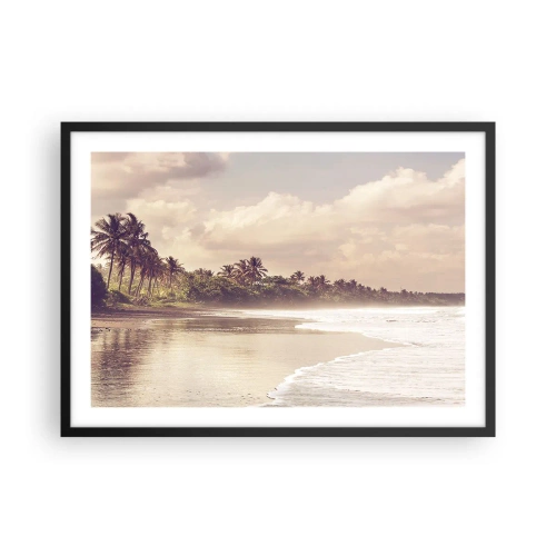 Poster in cornice nera - Una spiaggia con palme e onde dolci al mattino - 70x50cm - La carezza delle onde - Decorazione murale moderna per soggiorno e camera da letto ARTTOR