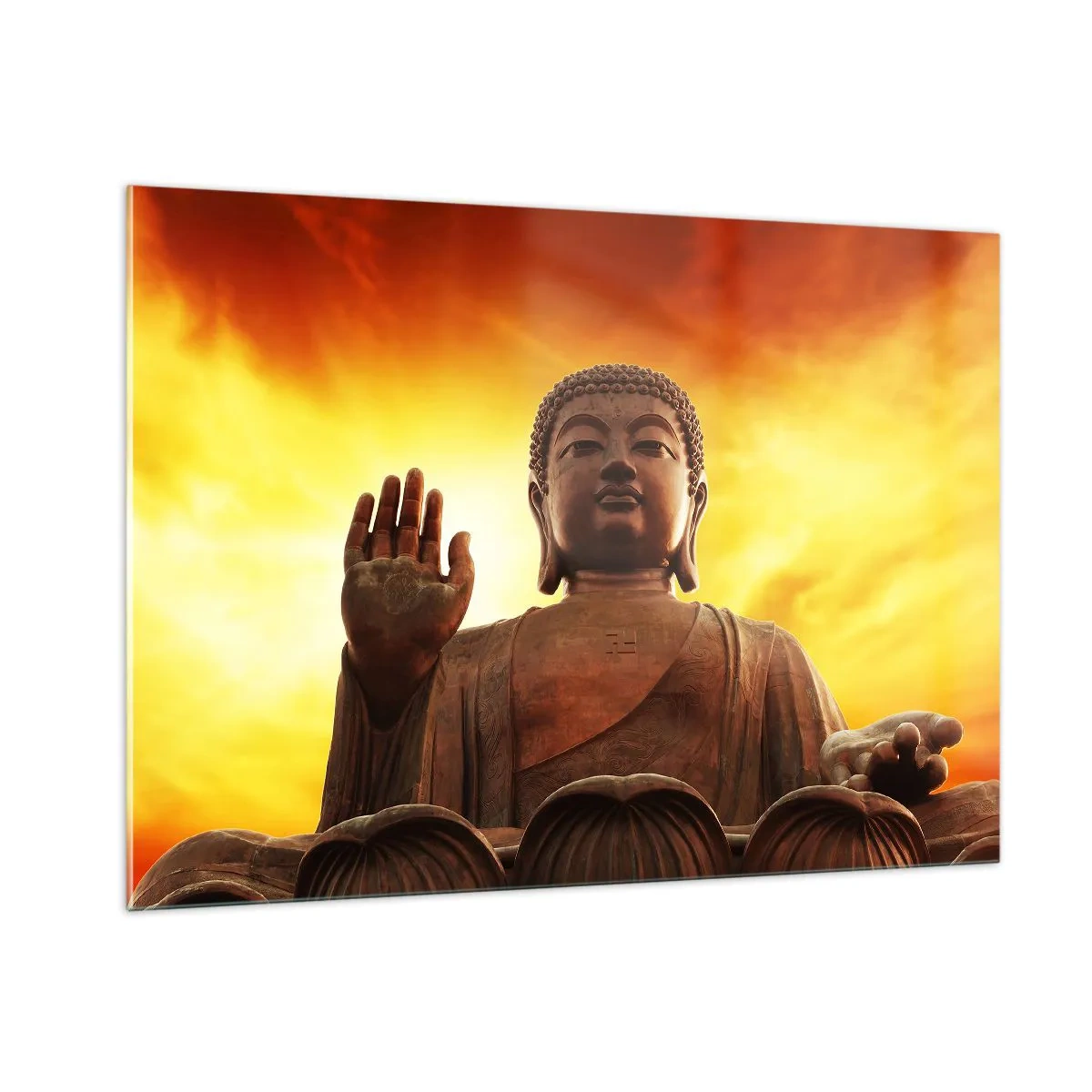 Quadro su vetro - Una statua del Buddha sullo sfondo di un tramonto dorato - 100x70cm - La pace del mondo - Decorazione murale moderna per soggiorno e camera da letto ARTTOR