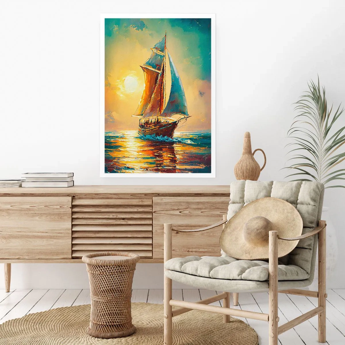 Poster - Una nave a vela sullo sfondo di un tramonto dorato - 50x70cm - A gonfie vele - Decorazione murale moderna per soggiorno e camera da letto ARTTOR
