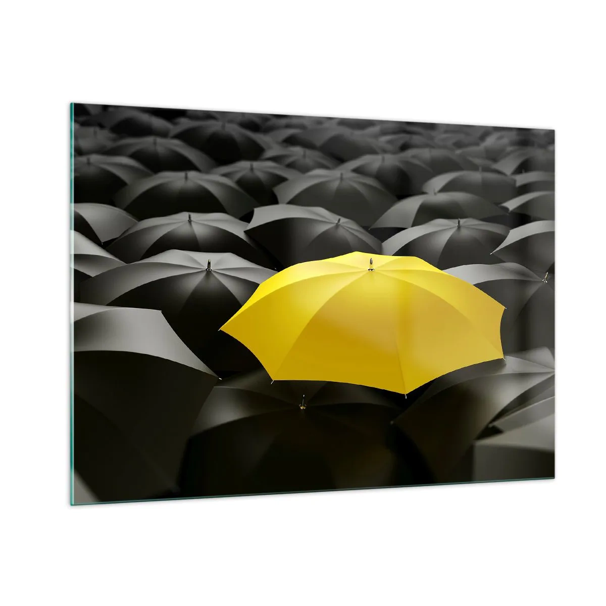 Quadro su vetro - Un ombrello giallo che spicca tra quelli neri - 100x70cm - Addio tristezza - Decorazione murale moderna per soggiorno e camera da letto ARTTOR
