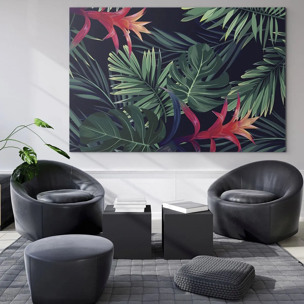Quadro su vetro - Foglie e fiori esotici su sfondo scuro - 100x70cm - Fiammante nel verde - Decorazione murale moderna per soggiorno e camera da letto ARTTOR