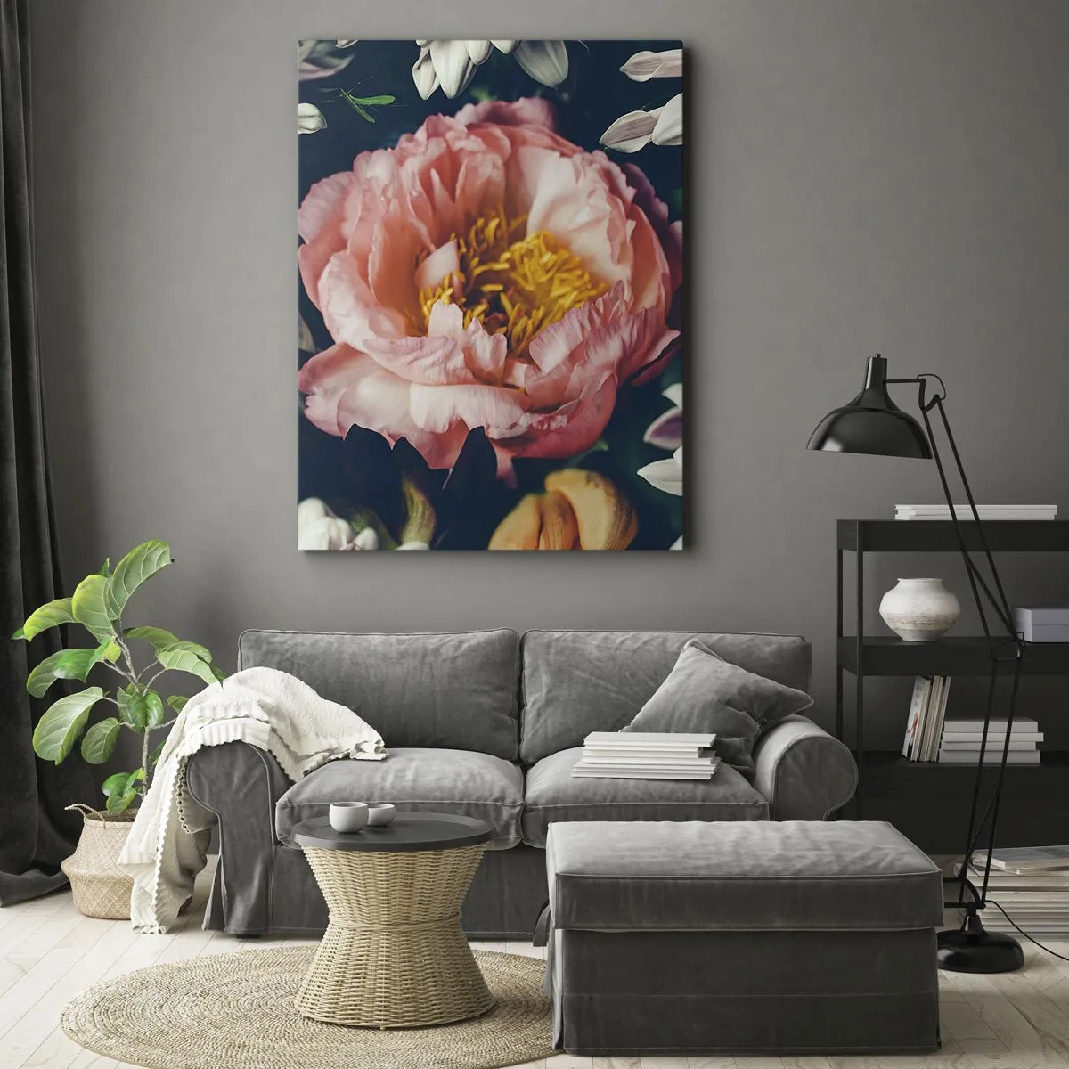 Quadro su tela - Stampe su Tela - Composizione floreale con peonia e crisantemi su sfondo scuro - 50x70cm - Con fasto barocco - Decorazione murale moderna per soggiorno e camera da letto ARTTOR