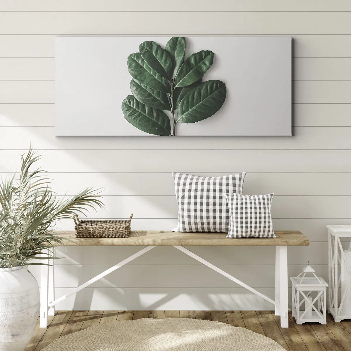 Quadro su tela - Stampe su Tela - Un rametto di foglie verdi su uno sfondo chiaro - 160x50cm - Il disegno della natura stessa - Decorazione murale moderna per soggiorno e camera da letto ARTTOR