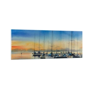 Quadro su vetro - Porto degli yacht al tramonto con riflessi sull'acqua - 140x50cm - La fine di una buona giornata - Decorazione murale moderna per soggiorno e camera da letto ARTTOR