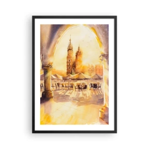 Poster in cornice nera - Un acquerello raffigurante la piazza del mercato di Cracovia al tramonto. - 50x70cm - Alba sulla piazza di Cracovia - Decorazione murale moderna per soggiorno e camera da letto ARTTOR