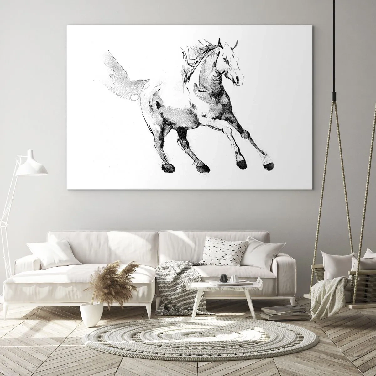 Quadro su vetro - Schizzo in bianco e nero di un cavallo al galoppo su sfondo bianco - 100x70cm - Anima indomabile - Decorazione murale moderna per soggiorno e camera da letto ARTTOR