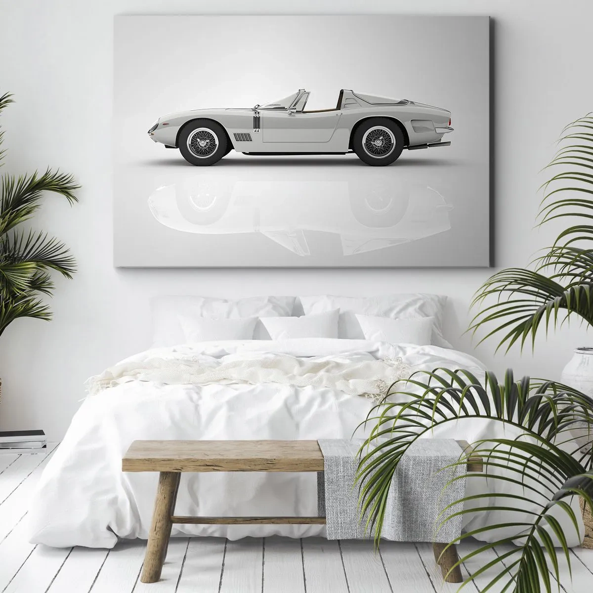 Quadro su tela - Stampe su Tela - Classica decappottabile bianca su sfondo chiaro - 70x50cm - Promessa di divertimento - Decorazione murale moderna per soggiorno e camera da letto ARTTOR