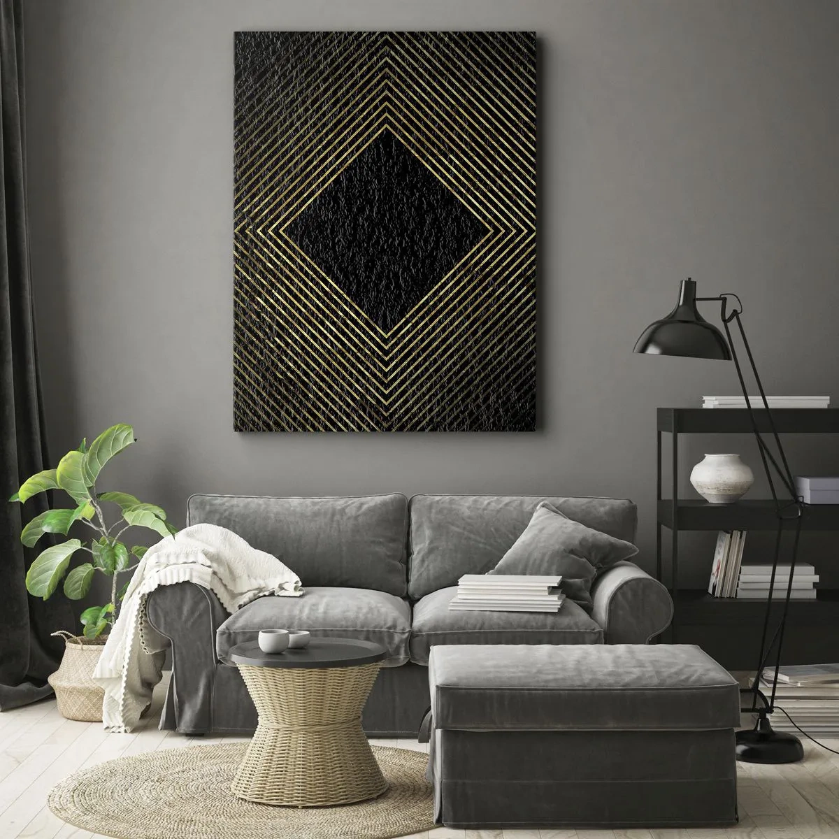 Quadro su tela - Stampe su Tela - Sfondo nero con motivo geometrico di linee dorate - 50x70cm - Geometria in stile glamour - Decorazione murale moderna per soggiorno e camera da letto ARTTOR