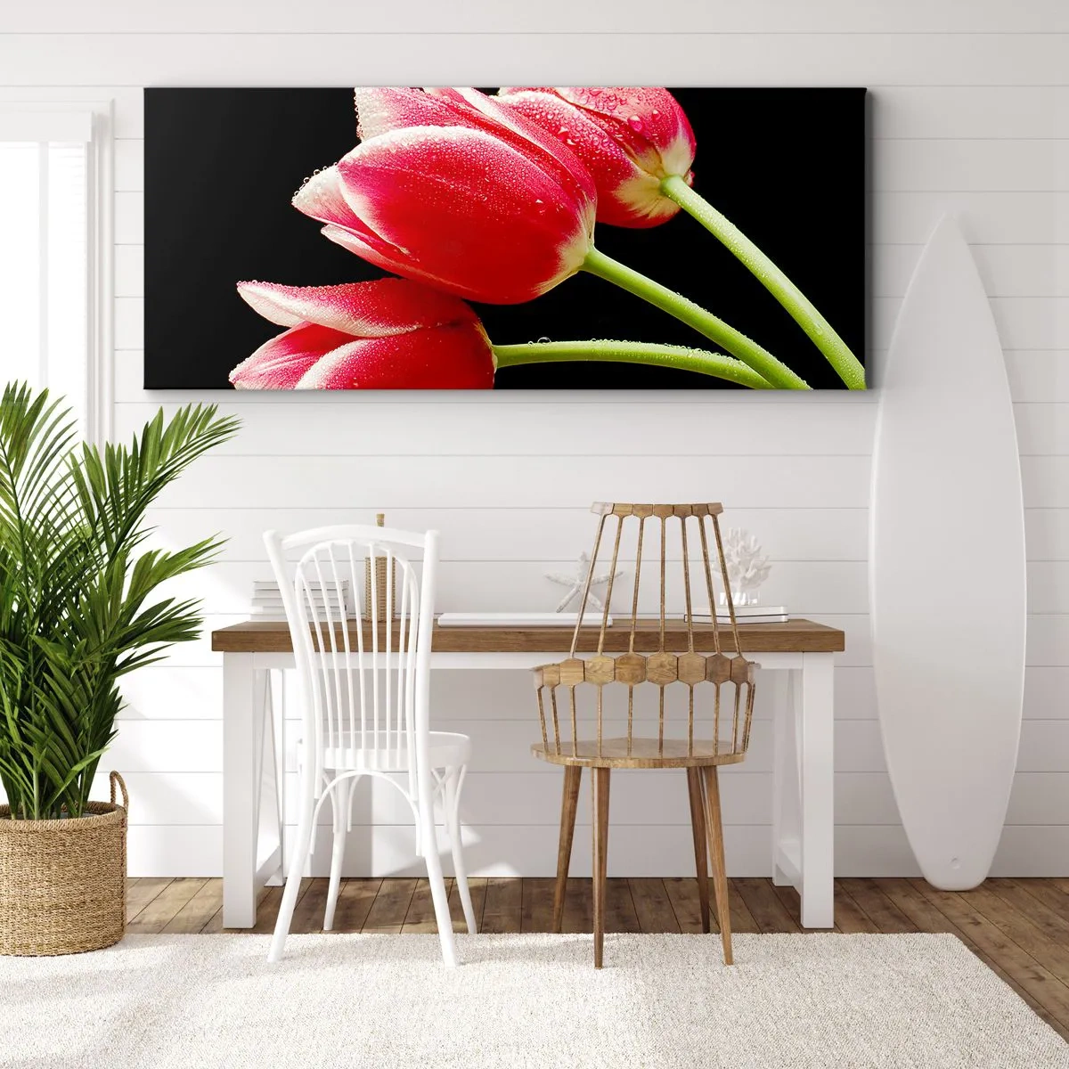 Quadro su tela - Stampe su Tela - Tulipani rossi con gocce di rugiada su sfondo nero - 140x50cm - Promessa di amore puro - Decorazione murale moderna per soggiorno e camera da letto ARTTOR