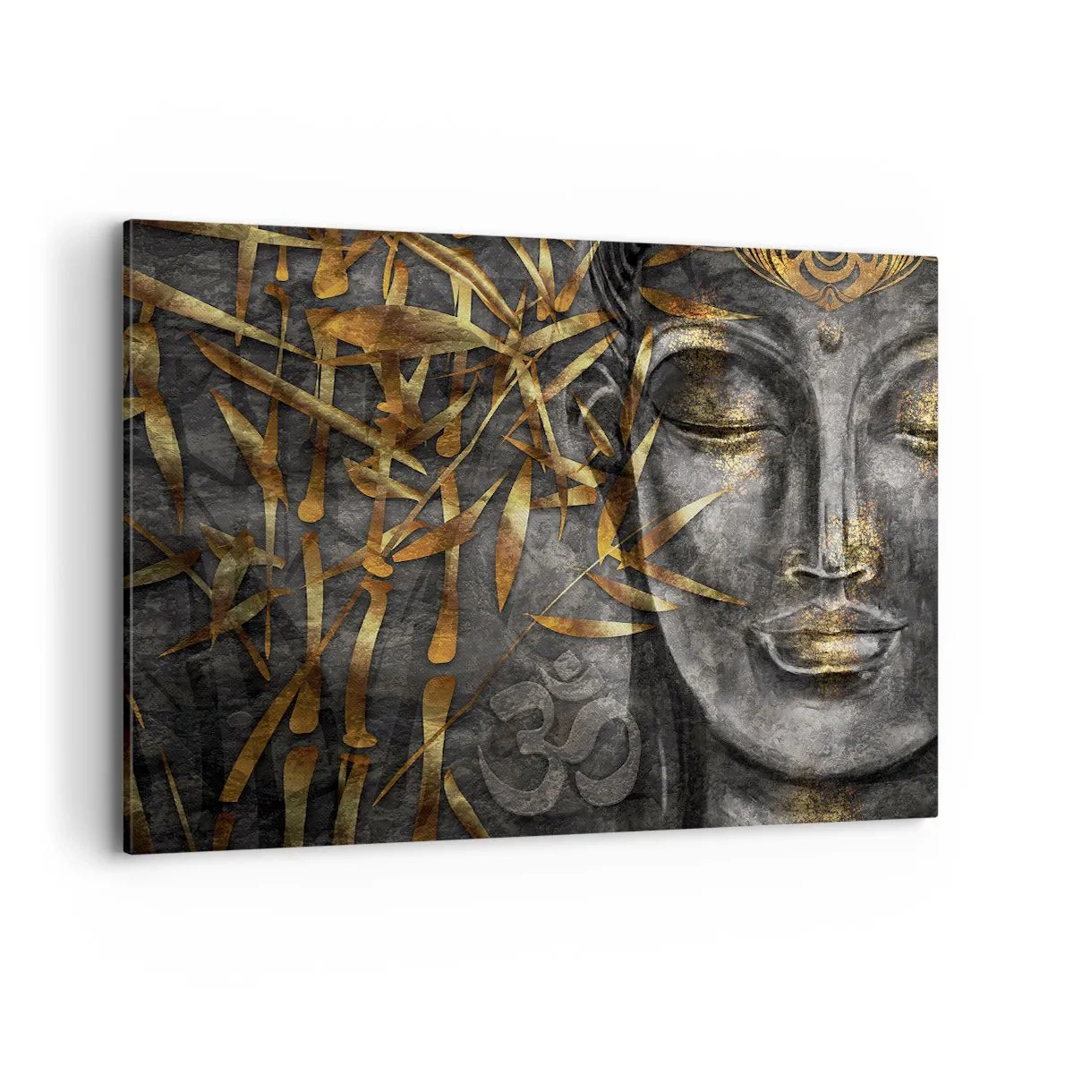 Quadro su tela - Stampe su Tela - Immagine del Buddha Zen con bambù dorati - 120x80cm - Senti la pace - Decorazione murale moderna per soggiorno e camera da letto ARTTOR