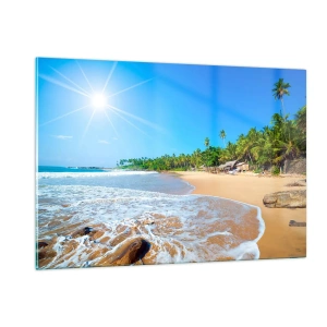 Quadro su vetro - Spiaggia tropicale con palme e onde sotto un cielo azzurro - 120x80cm - Un luogo esotico per te - Decorazione murale moderna per soggiorno e camera da letto ARTTOR