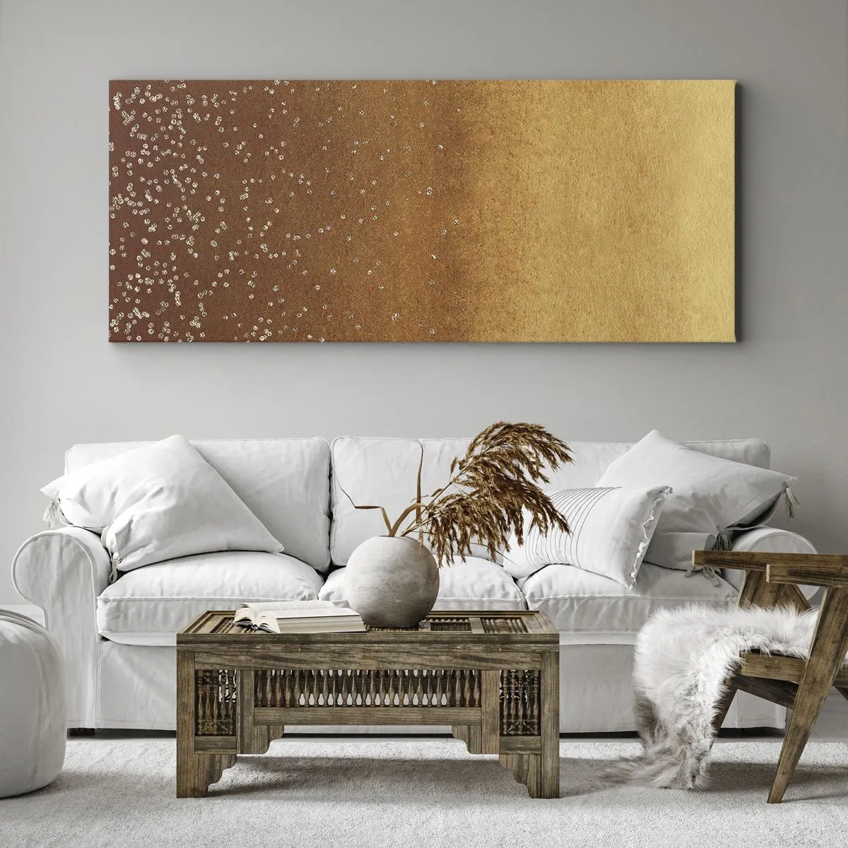 Quadro su tela - Stampe su Tela - Una sfumatura dorata con sottili riflessi e decorazioni - 140x50cm - La nascita della luce - Decorazione murale moderna per soggiorno e camera da letto ARTTOR