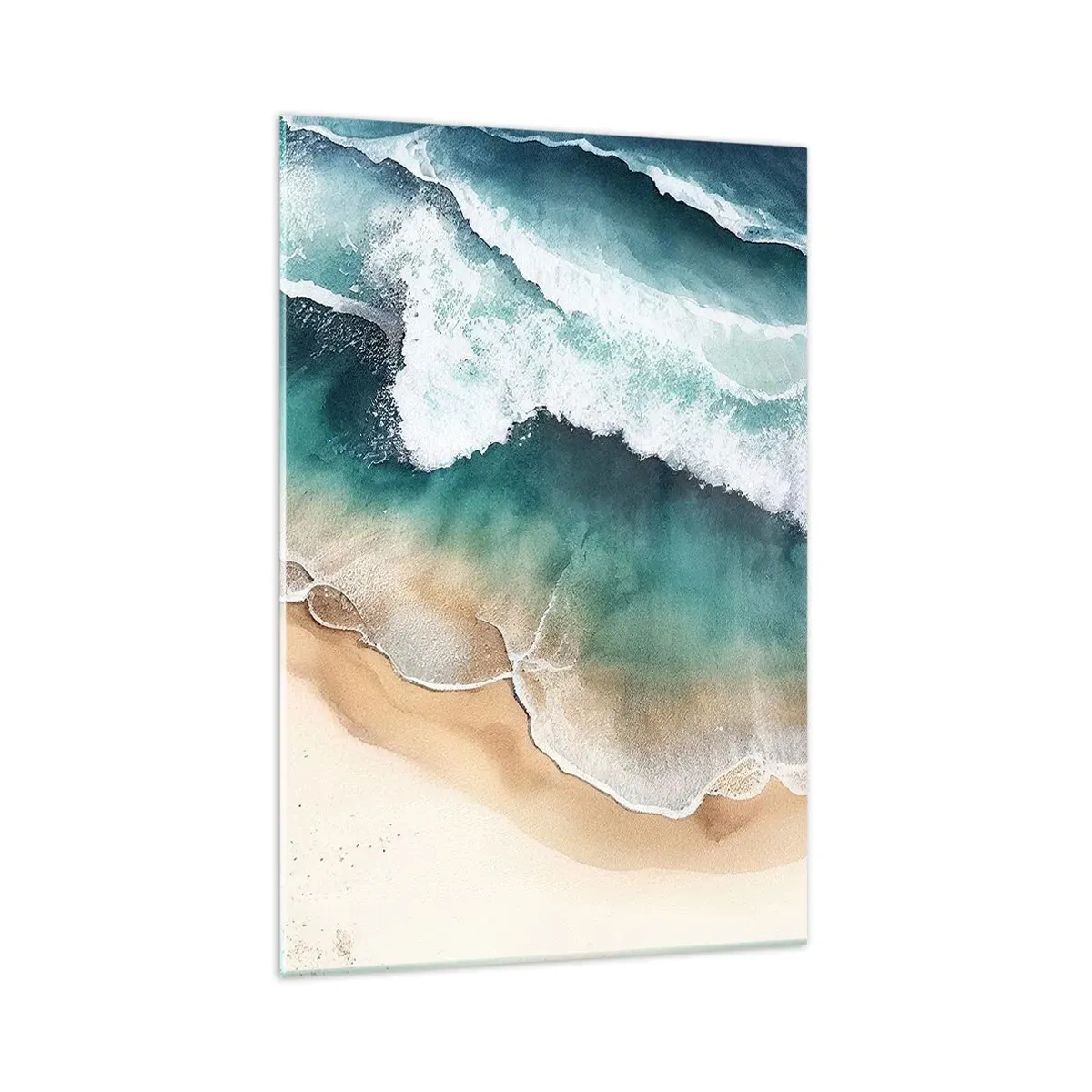 Quadro su vetro - Vista della spiaggia e delle onde del mare nelle tonalità del turchese - 70x100cm - L'eterno incontro - Decorazione murale moderna per soggiorno e camera da letto ARTTOR