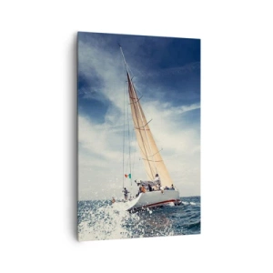 Quadro su tela - Stampe su Tela - Una barca a vela su un mare in tempesta sotto un cielo azzurro - 80x120cm - Non ci raggiungeranno! - Decorazione murale moderna per soggiorno e camera da letto ARTTOR