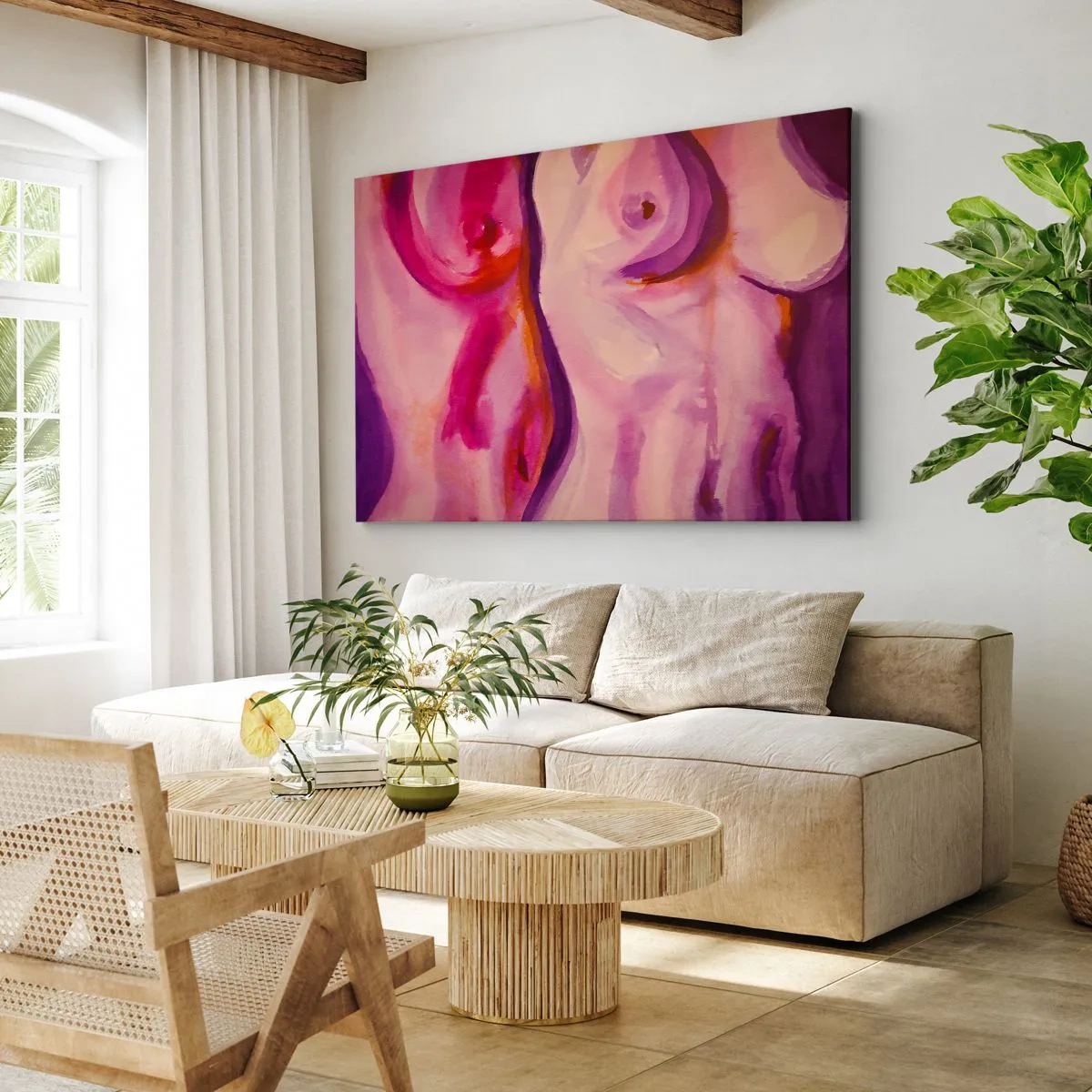 Quadro su tela - Stampe su Tela - Un'interpretazione astratta della silhouette femminile nei toni del rosa e del viola. - 120x80cm - Ode alla femminilità - Decorazione murale moderna per soggiorno e camera da letto ARTTOR