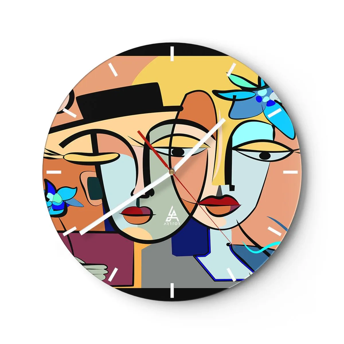 Orologio da parete - Orologio in Vetro - Volti colorati in stile cubista con elementi floreali - 30x30cm - Appuntamento in stile Picasso - Decorazione murale moderna per soggiorno, cucina e camera da letto ARTTOR