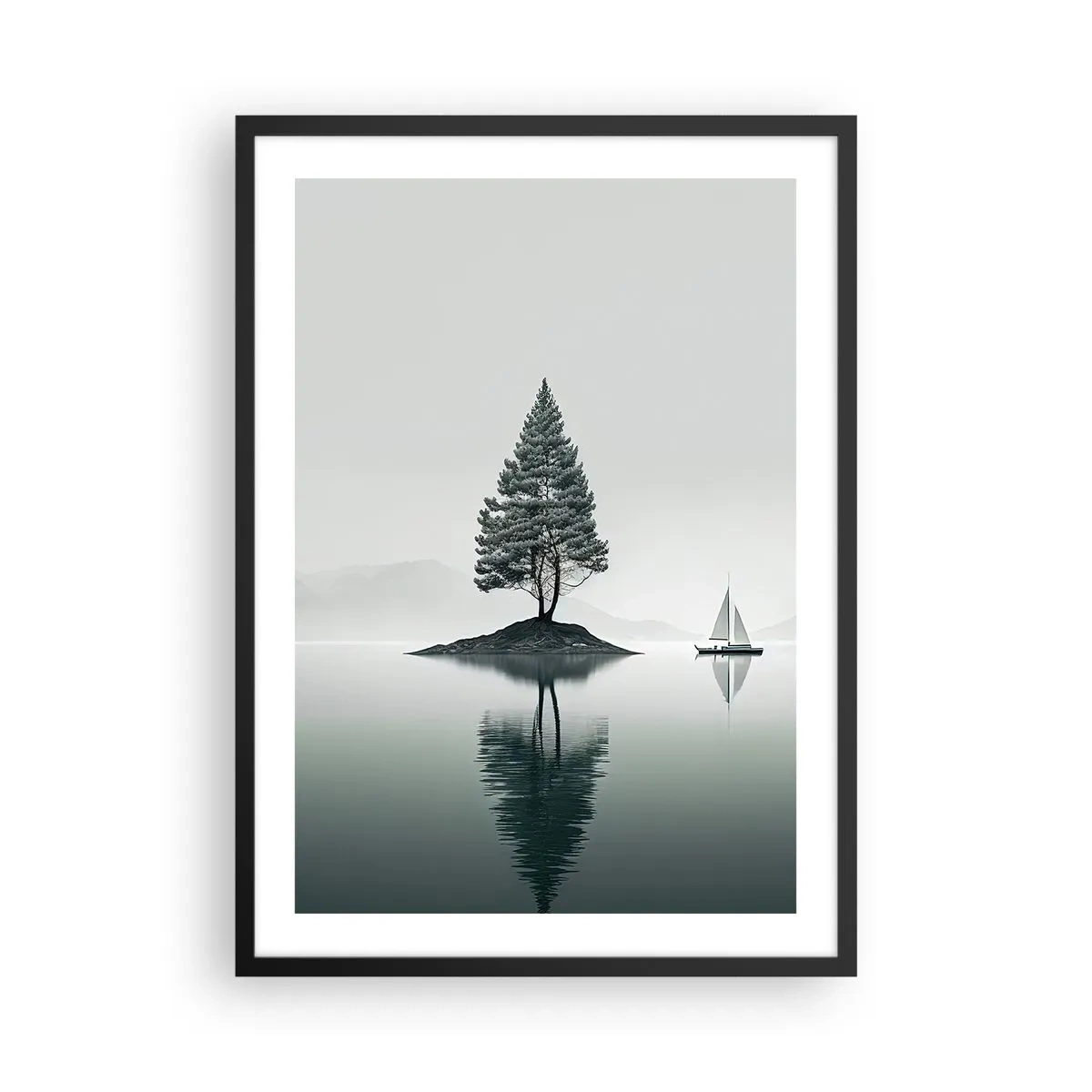 Poster in cornice nera - Un albero solitario su un'isola con un riflesso nell'acqua - 50x70cm - Paesaggio onirico - Decorazione murale moderna per soggiorno e camera da letto ARTTOR
