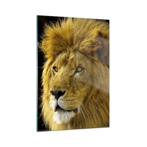 Quadro su vetro - Ritratto di un maestoso leone su uno sfondo scuro - 50x70cm - Ritratto del re - Decorazione murale moderna per soggiorno e camera da letto ARTTOR