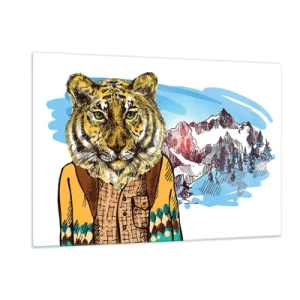 Quadro su vetro - Una tigre con un gilet sullo sfondo di un paesaggio montano - 120x80cm - Non così selvaggia come la si dipinge - Decorazione murale moderna per soggiorno e camera da letto ARTTOR