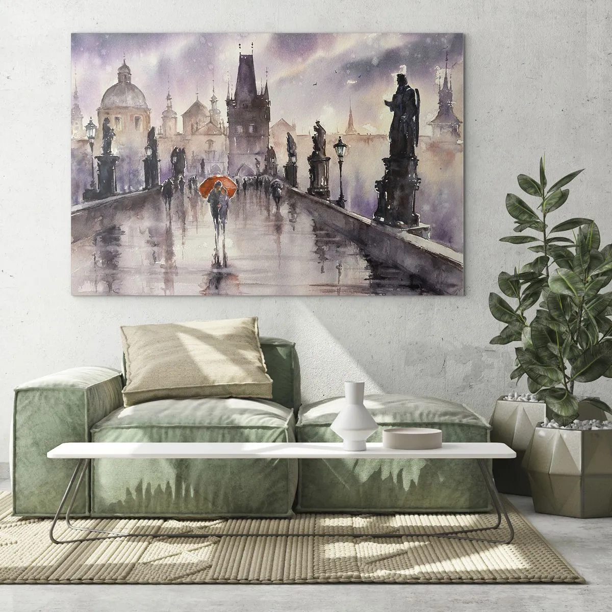 Quadro su vetro - Camminare sotto la pioggia su un ponte con un ombrello arancione - 100x70cm - Le persone non cambiano - Decorazione murale moderna per soggiorno e camera da letto ARTTOR
