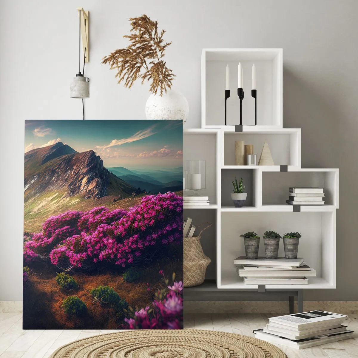 Quadro su vetro - Paesaggio montano con rododendri in fiore - 70x100cm - L'estate sui monti - Decorazione murale moderna per soggiorno e camera da letto ARTTOR